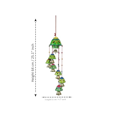Image of Bindian Rajasthani Handcrafted 8-Bell Hanging Windchimes | Traditional Plastic Latkan for Home Decor, Vastu & Positive Energy | Elegant Wall Hanging for Balcony, Living Room (Green-2)
