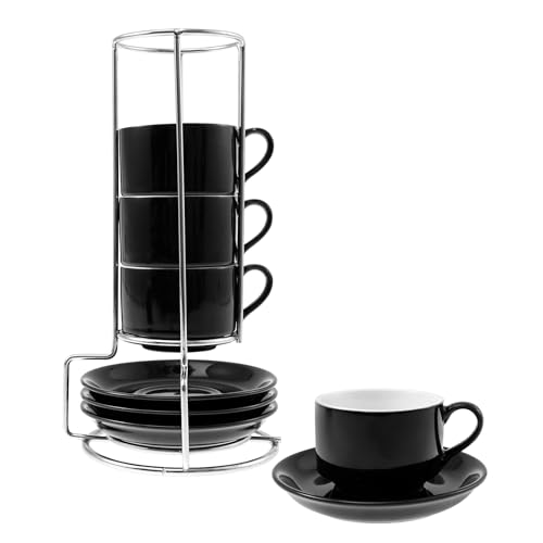 Porzellan Espressotassen, Keramik Cappuccino Tassen 4er Set Kaffeebecher Keramik Kaffeetassen mit Unterteller Metallständer für Kaffeegetränke Latte Americano Tee(A)