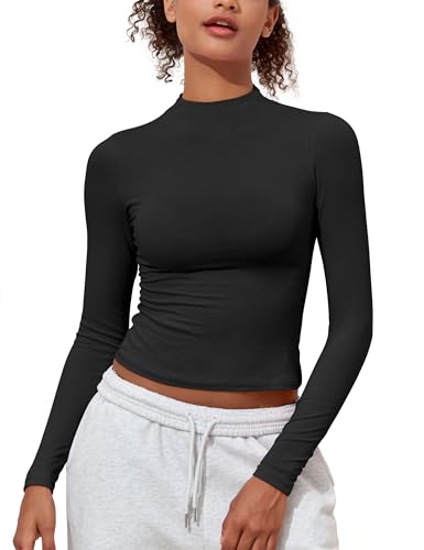 PrettyGuide Women's Cotton Long Sleeve Shirts Mock Neck Basic Tee Tight Fitted Fall Y2K Crop Top Going Out Tops
