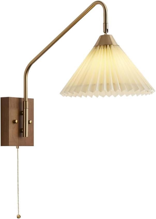 Aplique de Pared Moderno de Mediados de Siglo con Brazo oscilante, Tela Plisada, Brazo Largo Ajustable, lámpara de Pared de Madera rústica con Cadena para Dormitorio, mesita de Noche, Sala de EST