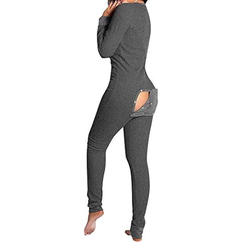 Villagepageme Women's Sexy Deep V Neck Bodycon Jumpsuit Butt Flap Pajamas Long Sleeve Romper Overall Sleepwear (Gray, L) Cover