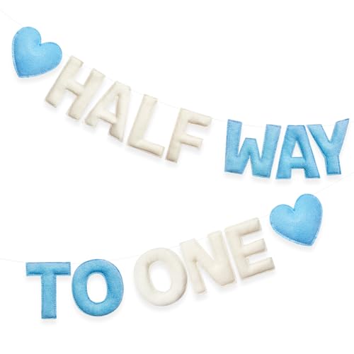 Image of 1/2 Way to One Birthday Decorations Blue Beige Handmade Felt Pre-Strung Half Way to One Sign Banner with Heart for 6 Months Birthday Baby Boy Decorations Party Nursery Home Wall Fireplace Decor