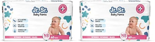 Image of Jr. Sr. Baby Diaper Pants | Newborn /Extra Small (NB /XS) Size (0-5 kg), 40 Count | Pack of 2 | Upto 12 hr Absorption with Advanced Leak Protection | Safe For Babies Skin | Soft, Secure & Comfy