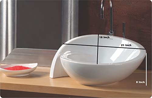 Image of Wash Basin Table Top Over Counter Vessel Sink Glossy Finish White Sink for Bathroom (21 x 18 x 8 Inch)