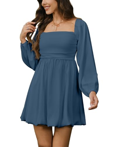 Image of HYPERFIRE Women's Square Neck Long Sleeve Bubble Mini Dress Pleated Smocked A Line Wedding Dresses