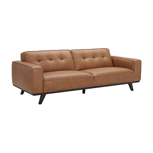 Amazon Brand – Rivet Bigelow Modern Leather Sofa Couch with Wood Base, 89.4"W, Cognac / Espresso
