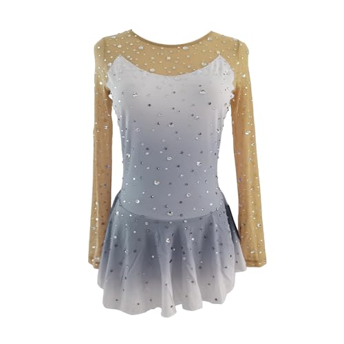 LIUHUO Figure Skating Dress Girls' Long Sleeves Competition Womens Elegant Handmade Crystal Grey