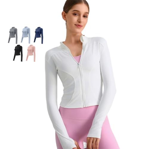 El Mejor Listado de Chaquetas deportivas favoritos de las personas. 41 Chaqueta Deportiva Ajustada Para Mujer, Chaqueta De Yoga Para Correr Con Cintura Doble Curvada, Ropa Deportiva Con Agujero Para El Pulga (Grande, Blanco)