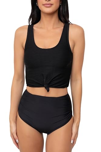 Coral Reef Swim Tankini Swimsuits for Women -Knotted Front Tankini Tops with Mid-High Ruched Swim Bottoms Tankinis - Black
