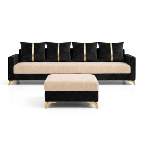 Image of Caviar 5 Seater L Shape Sofa Set with Movable Ottoman | Flexible Layout | Luxury Velvet Suede Fabric | Modern Living Room Sofa | Black - Cream