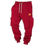 Men's Cargo Sweatpants Joggers Casual Pants with Flap Pockets for Athletic Elastic Waist Drawstring Sport Fleece Cotton Outdoor Trousers Pantalones De Hombre Pantalones para Hombre Red