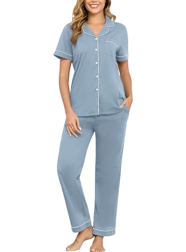Image of Veseacky 100% Cotton Pajamas for Women Set Short Sleeve Button Down Sleepwear Soft 2 Piece Summer Pjs Lounge Sets S-XXL