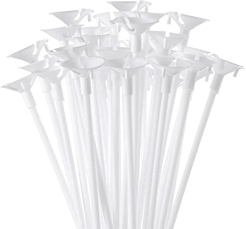 50 Pcs Balloon Sticks FLYH 32cm Plastic Reusable Thicken Durable Milk-White Sticks Holders with Cups for Party Decor