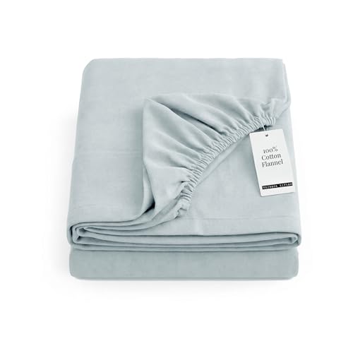 Image of Tribeca Living Queen Flannel Fitted Sheet 170 GSM Brushed Cotton - Extra Deep Pocket Fits Mattresses up to 24 Inches - Warm and Cozy for Cold Nights in Sky Blue