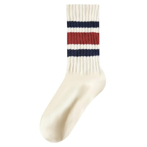 Image of Vintage Striped Crew Socks Slouchy Calf Tube Socks for Women and Men | Retro Athletic Mid-Calf Socks, Stretchy Knit Casual Comfort for Running Golf Tennis Volleyball & Daily Wear