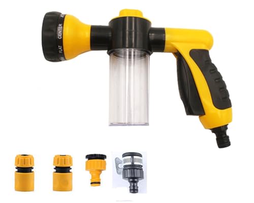 Garden Hose Nozzle - Multifunctional Foam Water Spray Gun - 8 Adjustable Patterns, Built-in Soap Dispenser, Water Saving - Ideal for Watering Lawn Car Washing Pet Showering (Yellow)