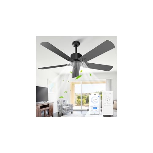 Obabala Black Ceiling Fan No Light, 52 in Outdoor Low Profile Ceiling Fans with Remote Control without Light, 5 Blades, 6 Speed Reversible DC Motor Modern for Patios, Garage, Bedroom, Porch