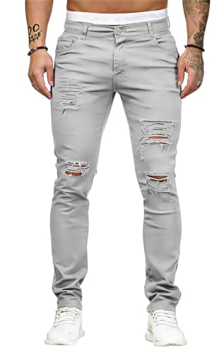 Image of HUNGSON Men's Blue Slim Fit Jeans Stretch Destroyed Ripped Skinny Jeans Side Striped Denim Pants