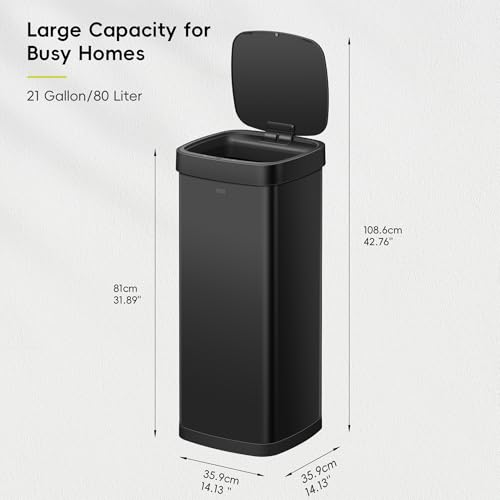 Image of EKO EcoSmart 80L / 21.1 Gallon Motion Sensor Trash Can or Recycling Bin - Tall, Large Touchless Kitchen Garbage Bin with Soft-Close Lid for Home or Office, Brushed Stainless Steel, Matte Black