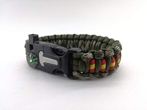 Pulsera de supervivencia ESPAÑA a medida 5 en 1 con silbato, brújula, pedernal, raspador y cuerda de paracord 550 tipo III. Hecha a mano en España. Color VERDE ARMY - BOSCOSO PIXELADO