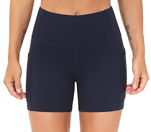 Image of THE GYM PEOPLE High Waist Yoga Shorts for Women's Tummy Control Fitness Athletic Workout Running Shorts with Deep Pockets