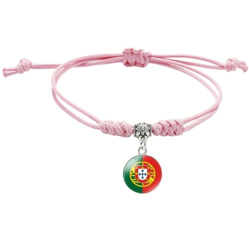 GONMFKM Bracelet Tressé Avec Drapeau Du Portugal – Bracelet Tissé Réglable En Couches Roses, Bijoux Patriotiques, Bracelet De Couple, Charme Chic, Pendentif Badge Drapeau National, Souvenir, Cadeau