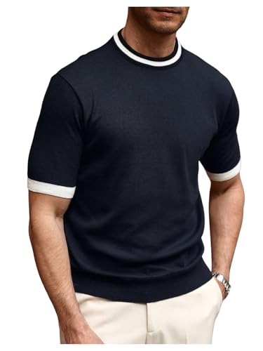 Men's Short Sleeve Summer Knit Tops Contrast Binding Crew Neck Casual Sweater