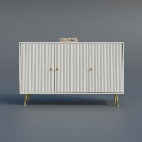 Image of Wooden Storage Cabinet for Living Room & Bedroom | Fluted Design Sideboard with 3 Doors | Multipurpose Organizer for Entryway | HDMR Premium Wood | Gold Metal Legs | White