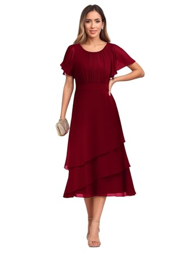 Tea Length Mother of The Bride Dresses for Women Flutter Sleeves Ruffle Chiffon Formal Wedding Guest Dress