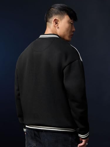 Image of The Souled Store Varsity Jacket: Fuel & Fire Men and Boys Full Sleeves Spread Collar Black and Blue Typography Cotton Polyester Blend Regular Fit Lightweight Winter Varsity Jacket