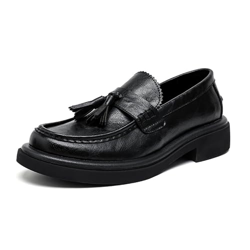 Men's Leather Tassel Loafers Shoes - Platform Penny Slip-On Dress Shoes with Round Toe, Non-Slip Sole for Business Office Work