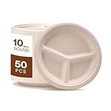 Gracz Disposable Plates - Compostable Paper Plates 10-inch - Made from Renewable Sugarcane Fiber - For Home, Catering, Schools, Healthcare Facilities - Round with 3 Compartments - Pack of 50
