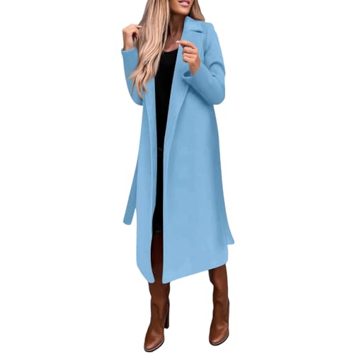 Generisch Wollmantel für Damen Winterkleidung Offene Cabanjacken Winddichte Trenchcoats mit Gürtel Warme Woll Langmanteljacken Übergangsoberbekleidung Hellblau Xl