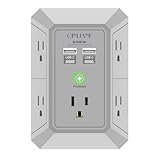 USB Wall Charger, Surge Protector, QINLIANF 5 Outlet Extender with 4 USB Charging Ports(2U2C) 3-Sided 1680J Power Strip Multi Plug Outlets Wall Adapter Spaced for Home Travel Office, Grey