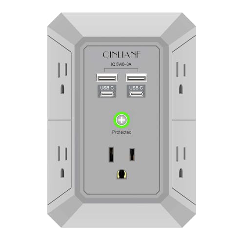 USB Wall Charger, Surge Protector, QINLIANF 5 Outlet Extender with 4 USB Charging Ports(2U2C) 3-Sided 1680J Power Strip Multi Plug Outlets Wall Adapter Spaced for Home Travel Office, Grey