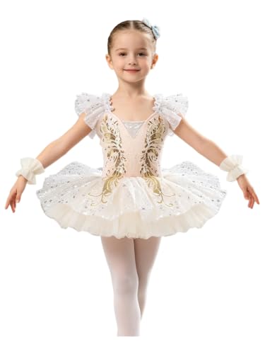 Mufeng Mädchen Ballettkleid Ballett Tutu Kleid Glitzer Pailletten Ballettanzug mit Tütü Rock Ballerina Latein Ballett Tanzkleidung Gelb 134-140
