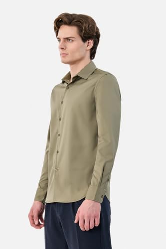 Image of SNITCH Men Formal Shirt | Tailored Slim Fit Full Sleeve Spread Collar Solid Style | Breathable Polyester Viscose Blend Twill Fabric for Office & Evening