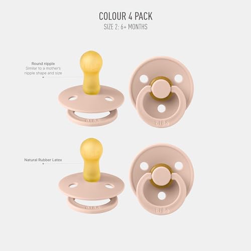 Image of BIBS Pacifiers - Colour 4-Pack | BPA Free Baby Pacifier | Round Nipple Binkies | Natural Rubber Latex Soother | Made in Denmark | Size 6-18 Months | Blush