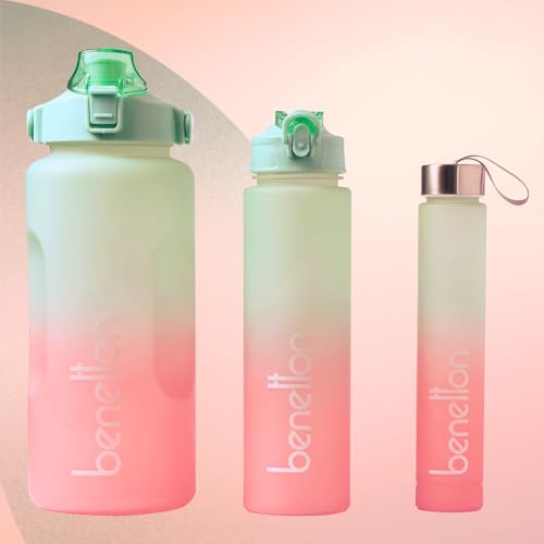 Image of United Colors of Benetton 3-in-1 BPA-Free Water Bottle Set | 2000 ML + 750 ML + 300 ML | Screw Cap, Flip Cap & Straw Lid | Leakproof Reusable Bottles | Gym, Sports, Travel & Daily Use | Pack of 3