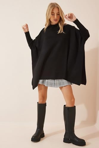 Image of Women's Crew Neck Batwing Sleeve Split Hem Oversized Knit Poncho Sweater