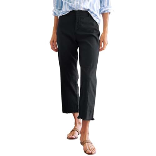 FWFLYAWAY Linen Capris Pants Women,2025 Summer Petite Casual Skinny Business Cropped Straight Leg Pant,Ankle Length Chino Work Trousers with Pockets(A-Black,XL)