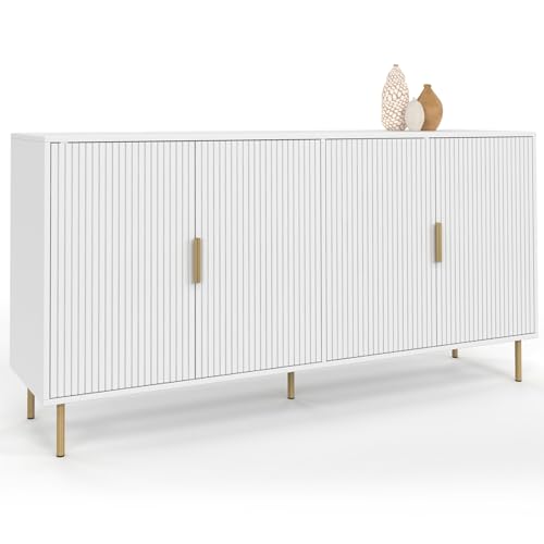 IDMarket Marcel - Aparador (160 cm, 4 puertas, color blanco, efecto listones y acabados dorados)