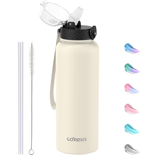 GOPPUS 1.2L/40oz Edelstahl Wasserflasche mit Strohhalm 1.2 Liter Heiße Thermosflasche Doppelwandige Stahl Wasserflaschen Isolierte Wasserflaschen Auslaufsichere Kalte Wasserflasche Erwachsene Flip Top