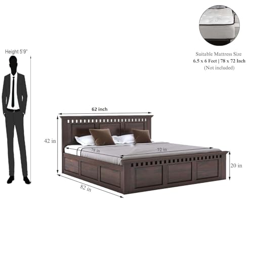 Image of Sheesham Wood Queen Size Bed with Box Storage | Solid Wooden Cot Bed | Double Bed Furniture for Bedroom Living Room Home - Q 05 (Walnut Teak Finish)
