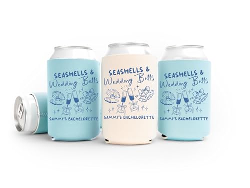 Personalized Seashells and Wedding Bells Bachelorette Can Coolers Custom Beach Bachelorette Party Favors Regular and Slim Drink Can Sleeves for the Party Crew and Guests