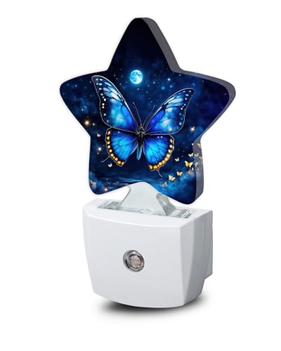 Image of Blue Butterfly Moon Dusk to Dawn Star Night Light,Starry Sky Smart Sensor Nightlight for Bedroom Kitchen Hallway Stairs,Plug-in Energy Efficient Decor Desk Lamp Women Men Gifts