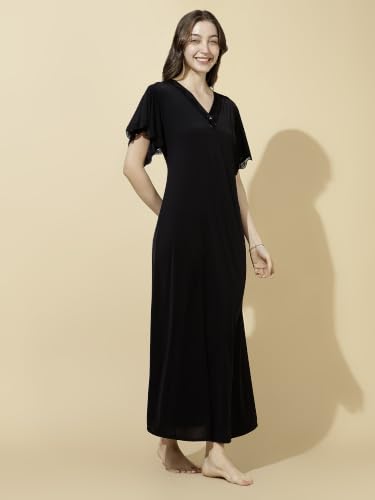 Image of 9shines Label Stylish Soft Modal Maxi Nighty | Honeymoon Nighty | Full Length Trendy Nightgown | V-Neck Lace | Premium Nightdress | Soft Long Nightdress | Maxi Gown Nightwear for Women (Malai Satin)