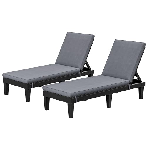 YITAHOME Outdoor Chaise Lounge Chair, Plastic Pool Chaise Lounge with Cushions & 5-Position Backrest, Easy Assembly & Waterproof for Patio & Poolside, Set of 2, Grey
