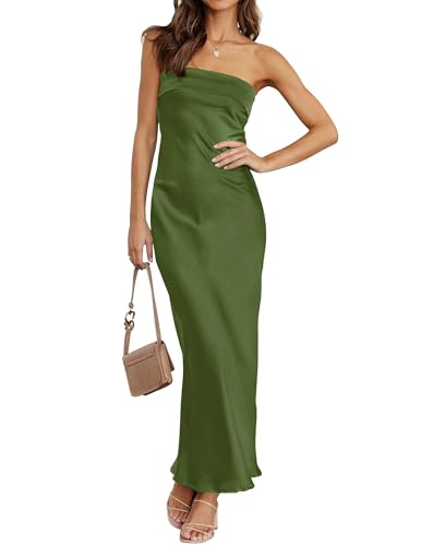 Image of MEROKEETY Women's Summer Satin Strapless Bodycon Dress 2026 Backless Tube Wedding Guest Cocktail Formal Party Maxi Dresses