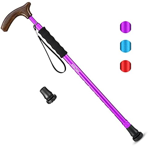 Rirether Adjustable Walking Stick Balancing Mobility Aid, Lightweight Aluminum Alloy Walking Cane, Portable Sturdy Telescoping Cane with Anti-Slip Tip, Carrying Bag (2Tips),（Purple） Cover